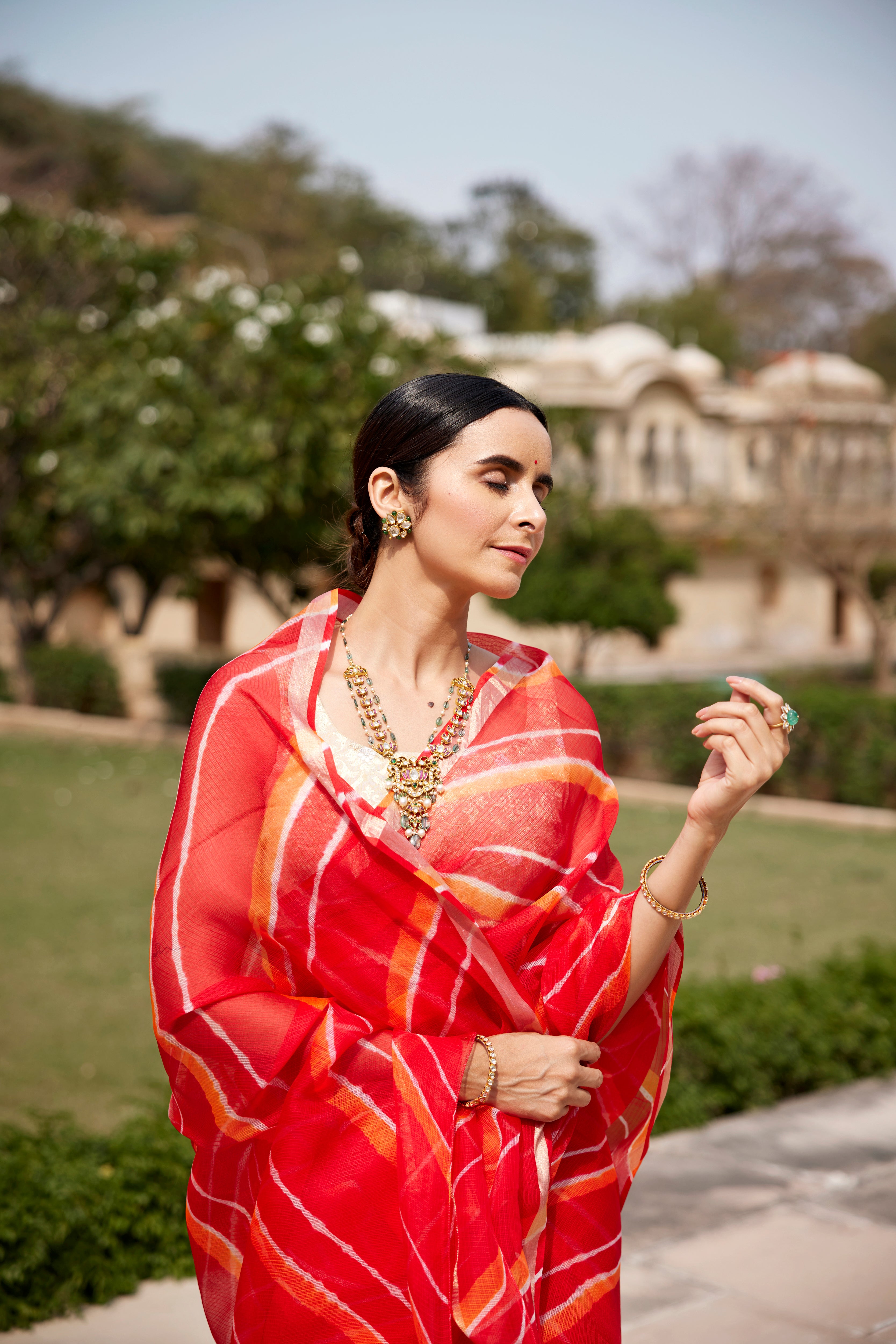 Red Orange Pure Kota Silk Hand Dyed Leheriya Saree