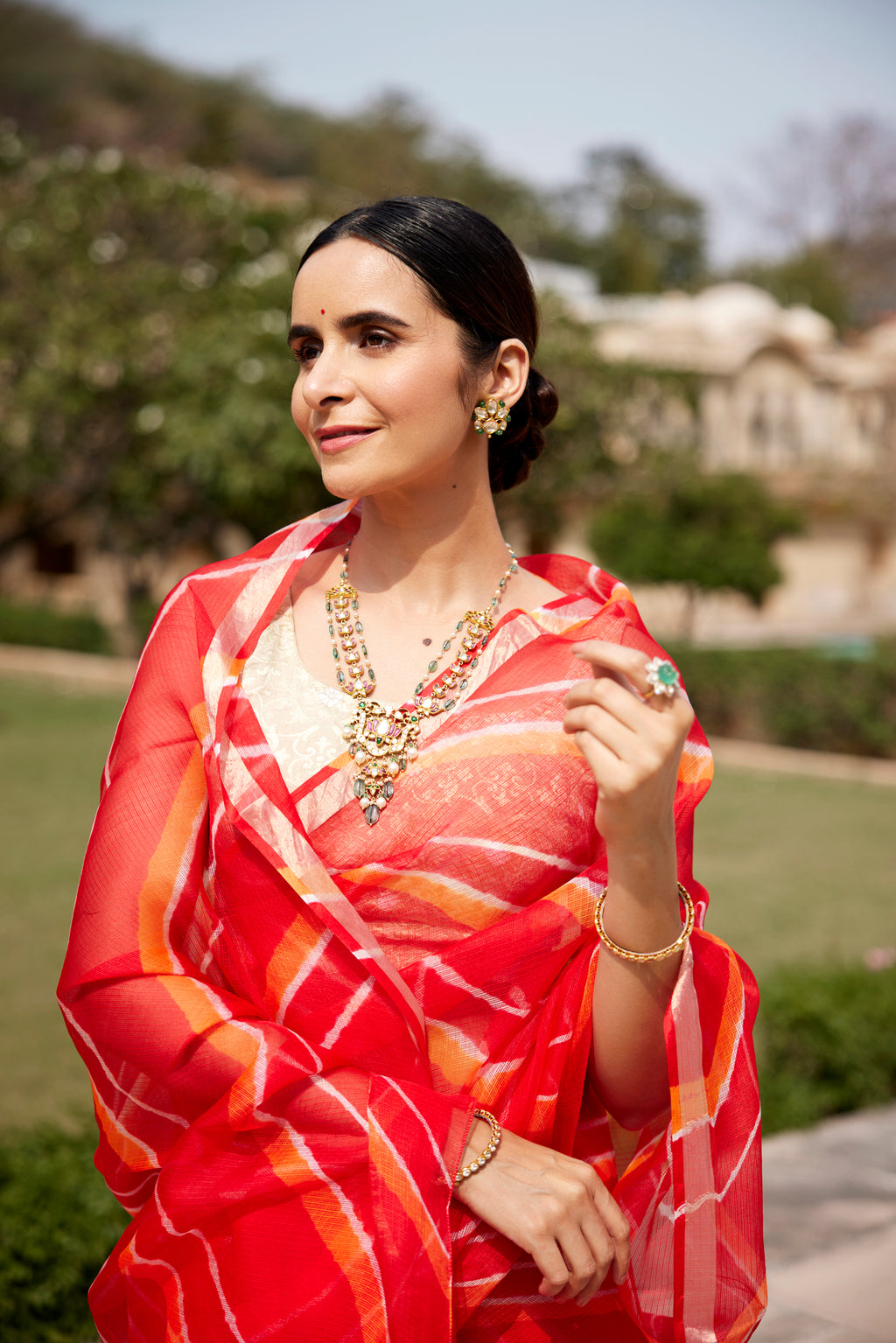 Red Orange Pure Kota Silk Hand Dyed Leheriya Saree