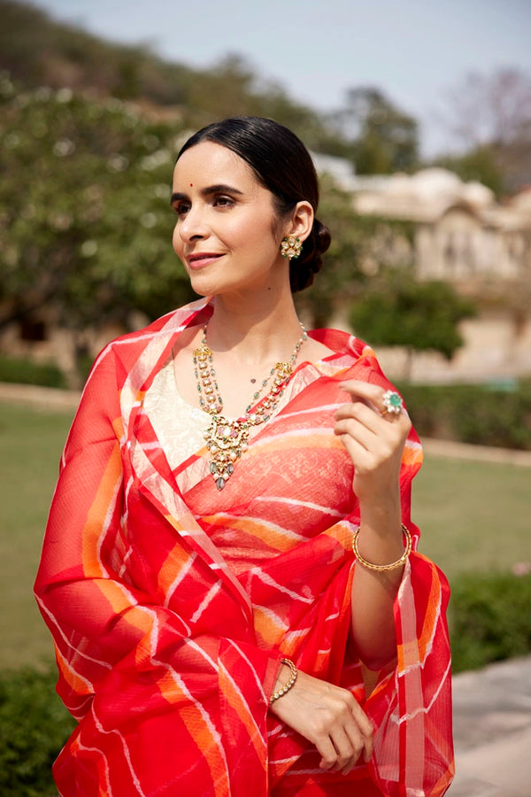 Red Orange Pure Kota Silk Hand Dyed Leheriya Saree