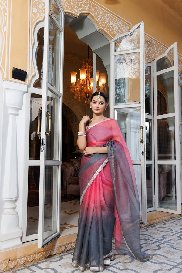 Grey-Pink Pure Kota Silk Hand Dyed Saree