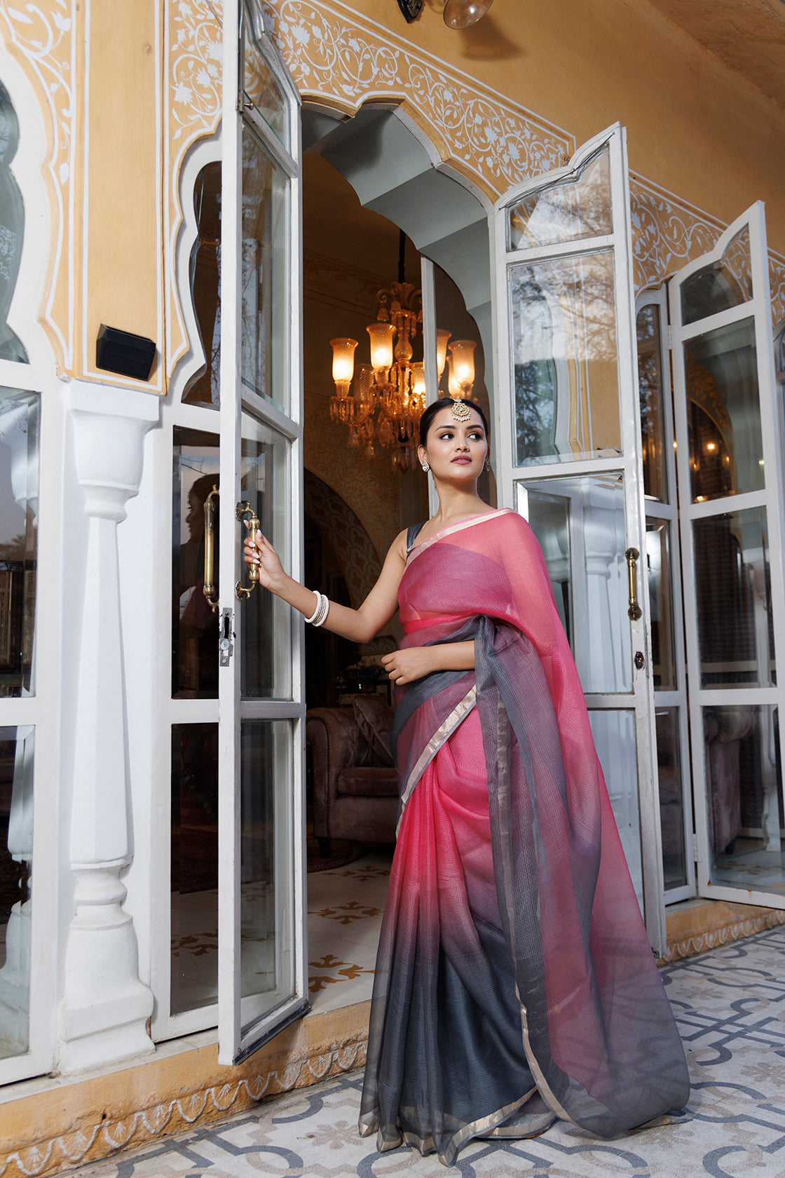 Grey-Pink Pure Kota Silk Hand Dyed Saree