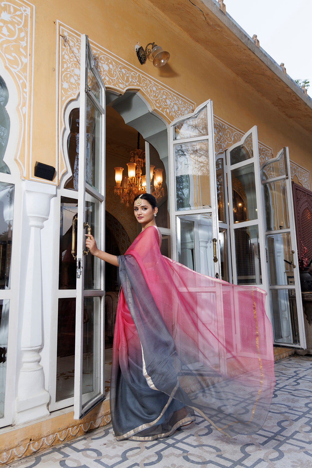 Grey-Pink Pure Kota Silk Hand Dyed Saree