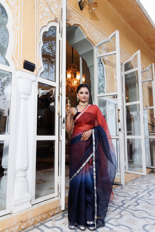 Maroon-Dark Blue Pure Kota Silk Hand Dyed Saree