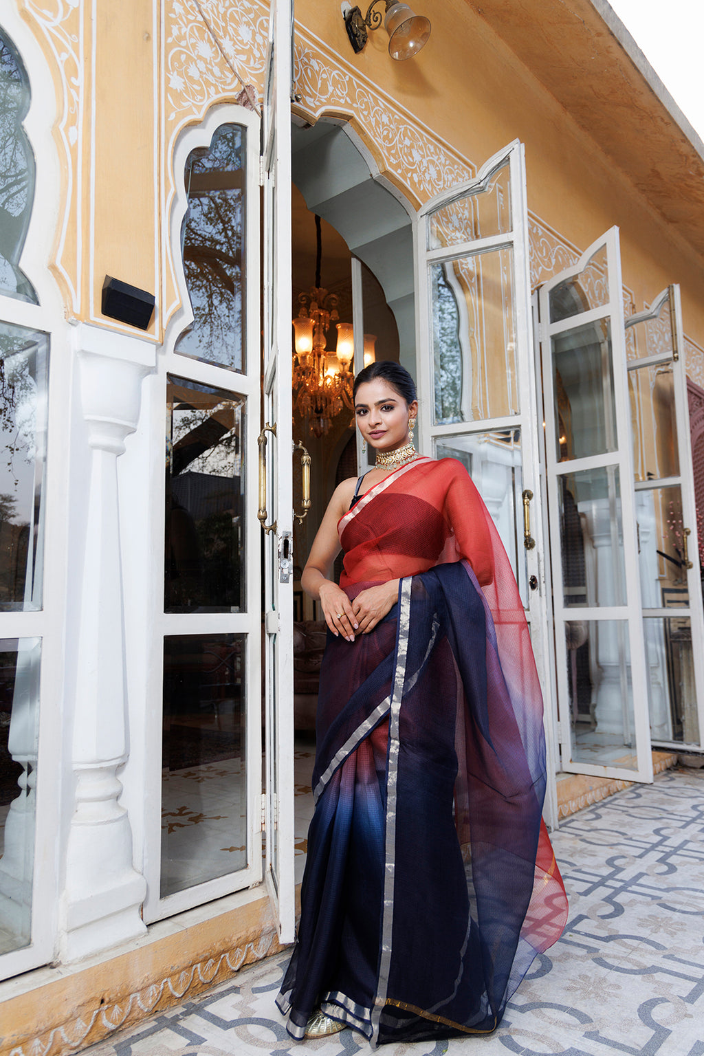 Maroon-Dark Blue Pure Kota Silk Hand Dyed Saree