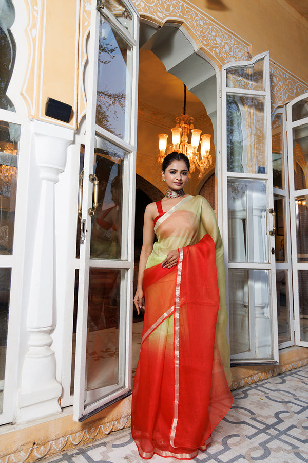 Green-Red Pure Kota Silk Hand Dyed Saree