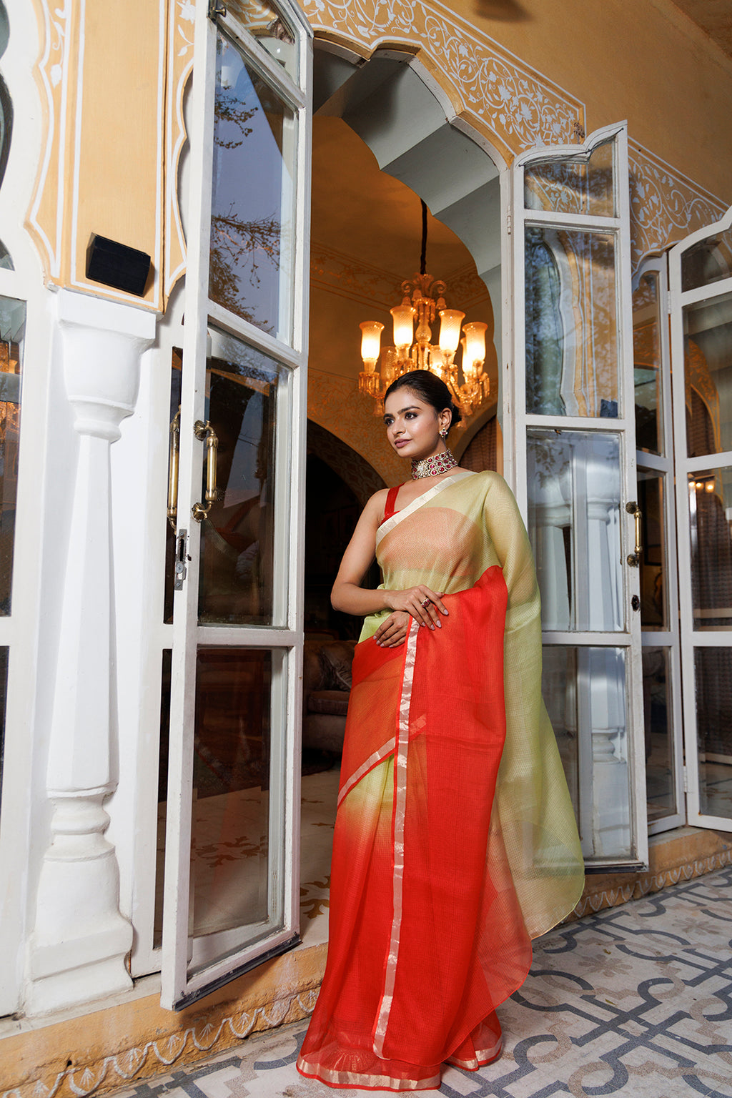 Green-Red Pure Kota Silk Hand Dyed Saree