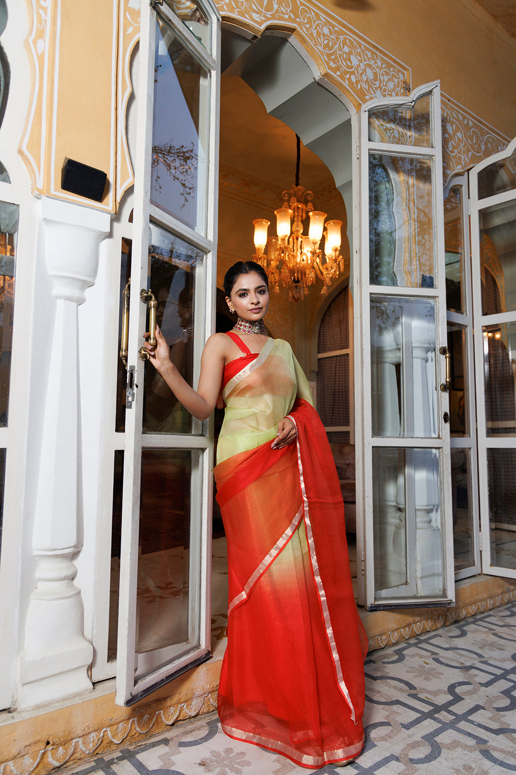 Green-Red Pure Kota Silk Hand Dyed Saree