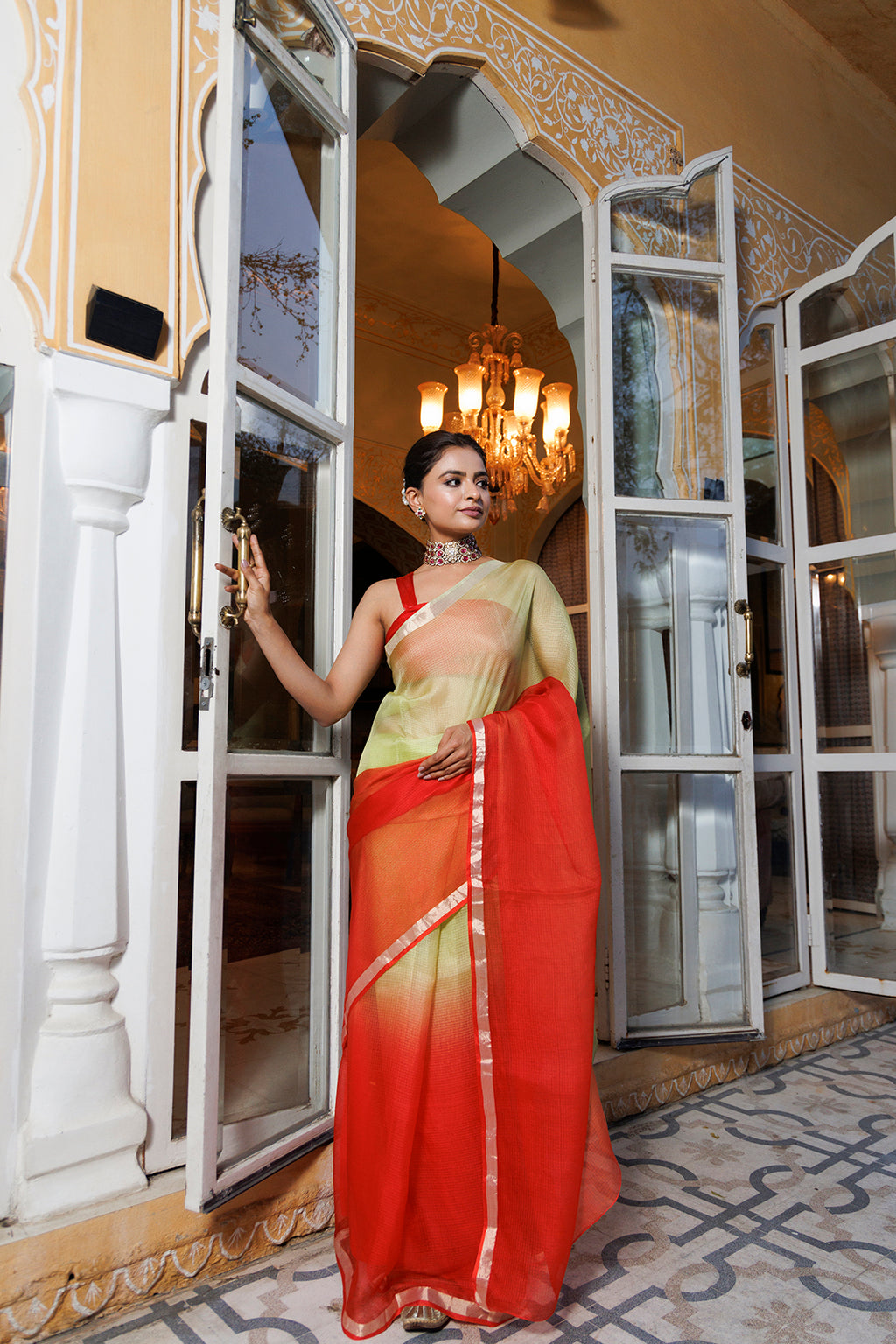 Green-Red Pure Kota Silk Hand Dyed Saree