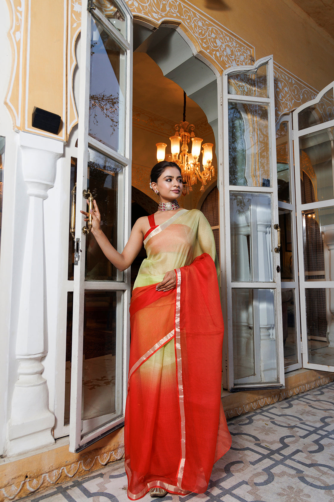 Green-Red Pure Kota Silk Hand Dyed Saree