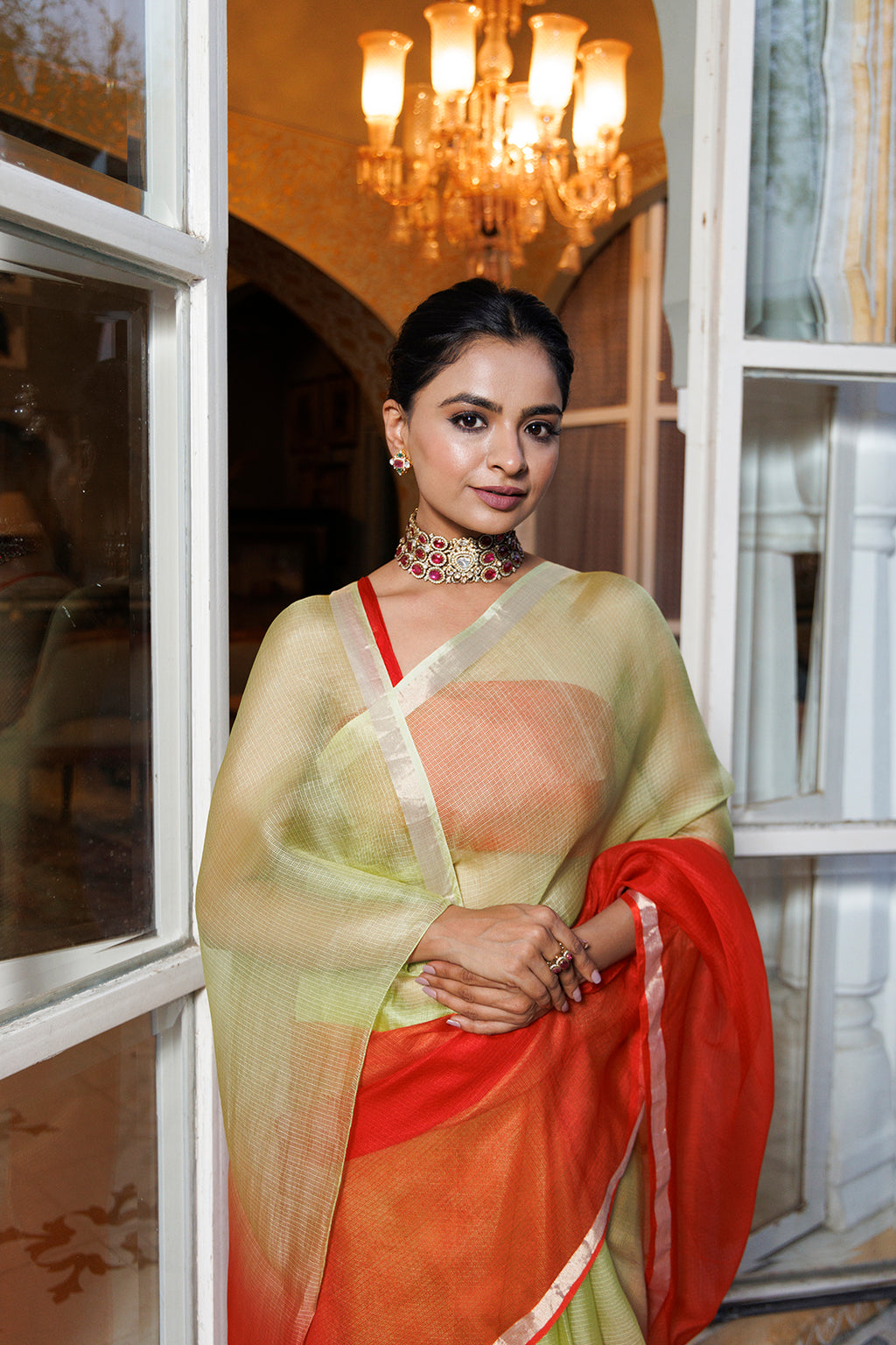 Green-Red Pure Kota Silk Hand Dyed Saree