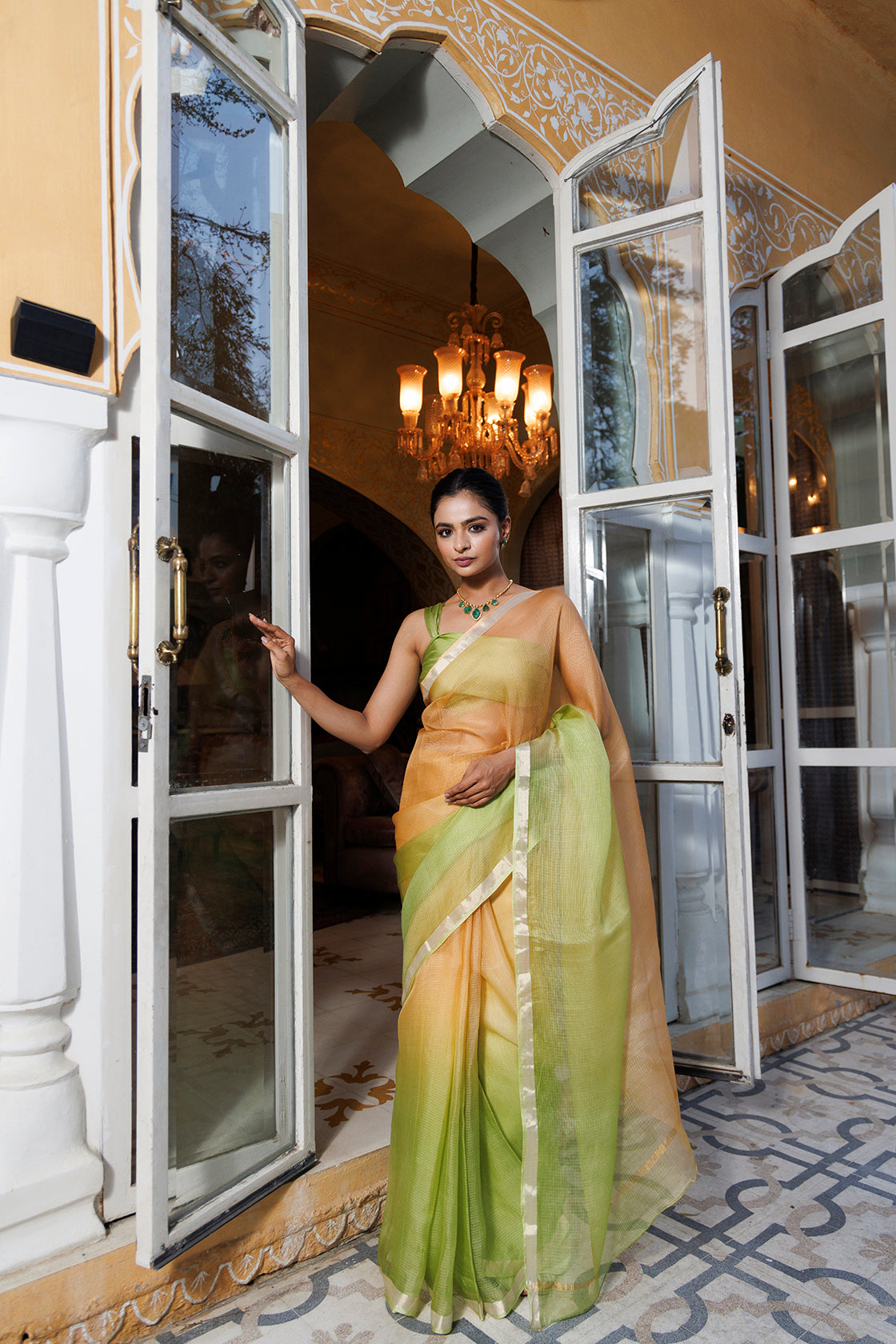 Green-Beige Pure Kota Silk Hand Dyed Saree