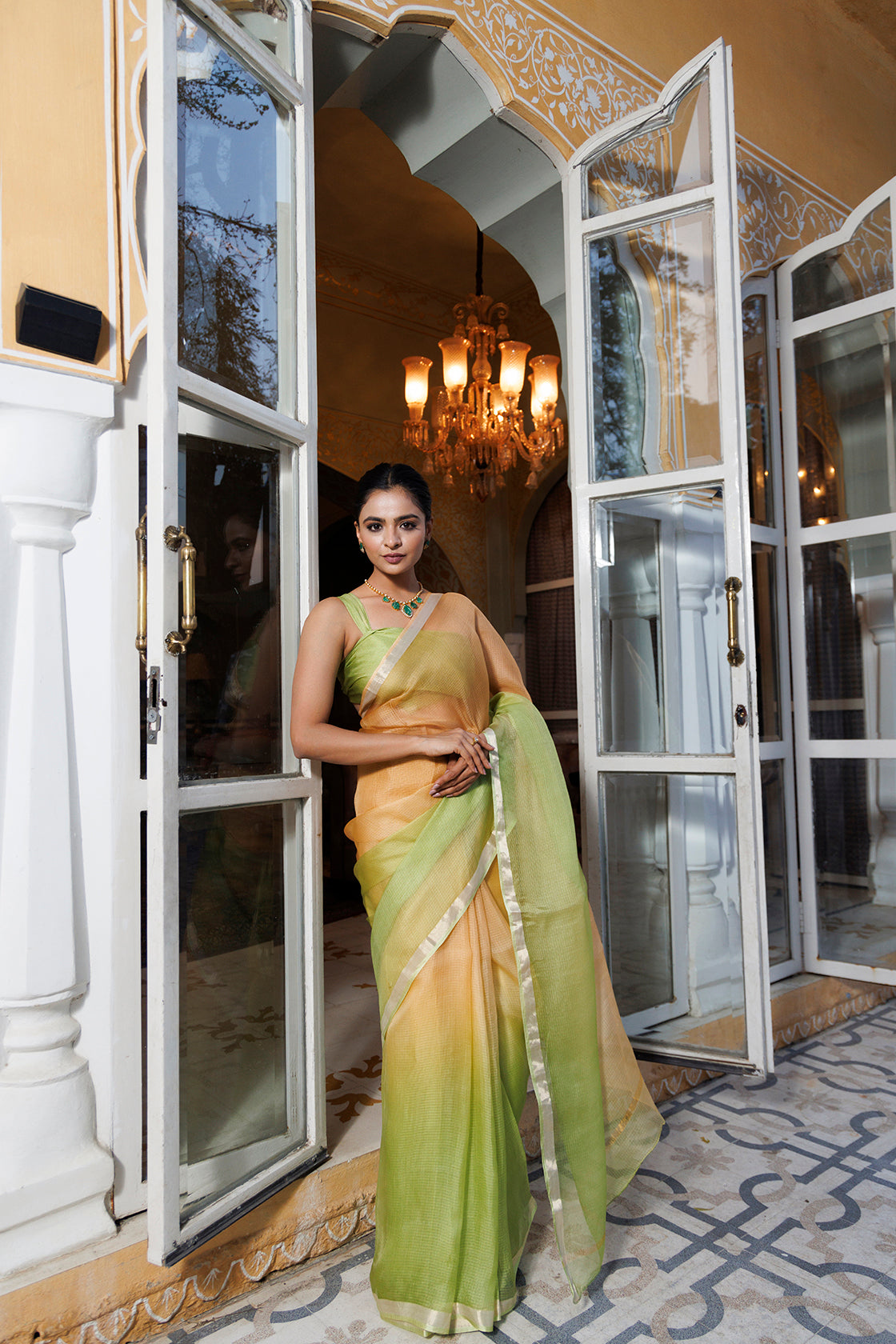 Green-Beige Pure Kota Silk Hand Dyed Saree