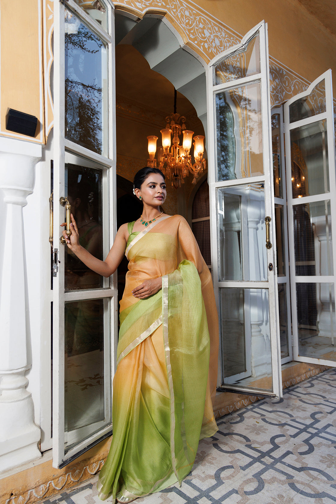 Green-Beige Pure Kota Silk Hand Dyed Saree