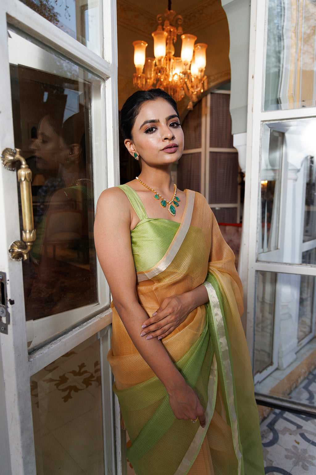Green-Beige Pure Kota Silk Hand Dyed Saree