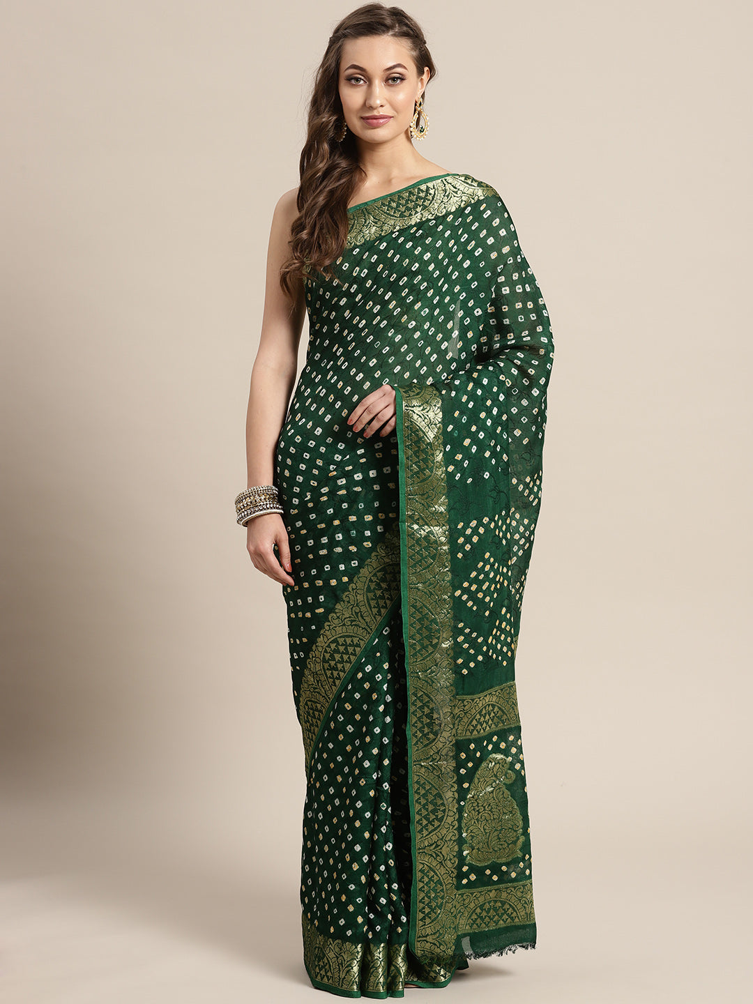 Green Hand Dyed Bandhani Silk Saree