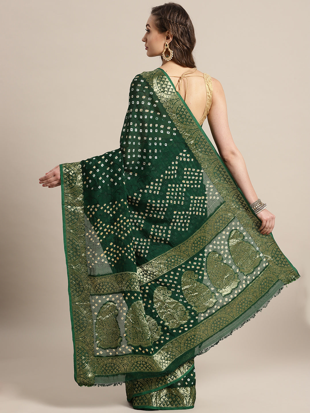Green Hand Dyed Bandhani Silk Saree
