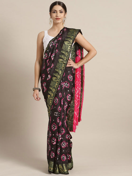 Black & Pink Hand Dyed Bandhani Silk Sustainable Saree