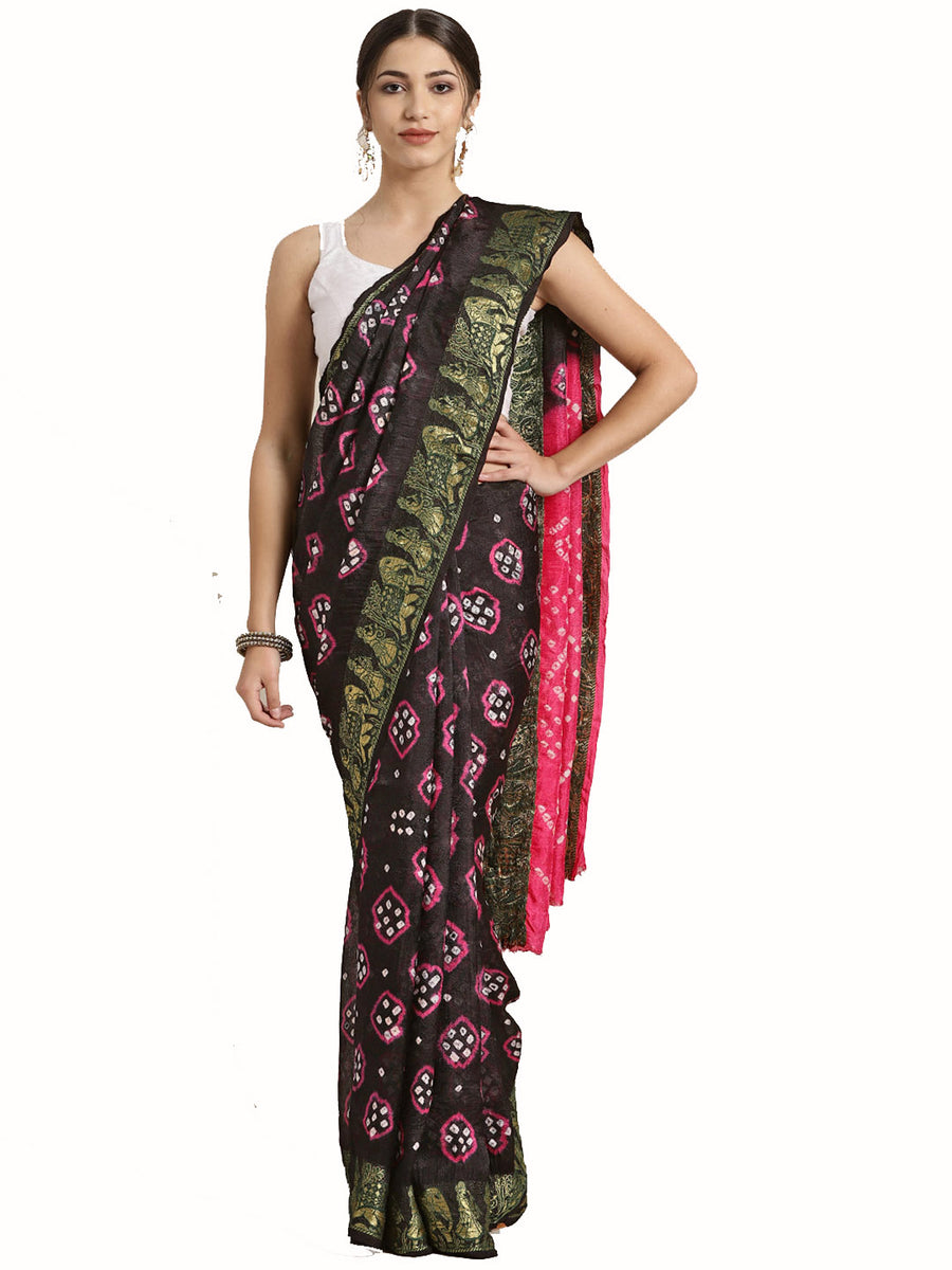 Black & Pink Hand Dyed Bandhani Silk Sustainable Saree