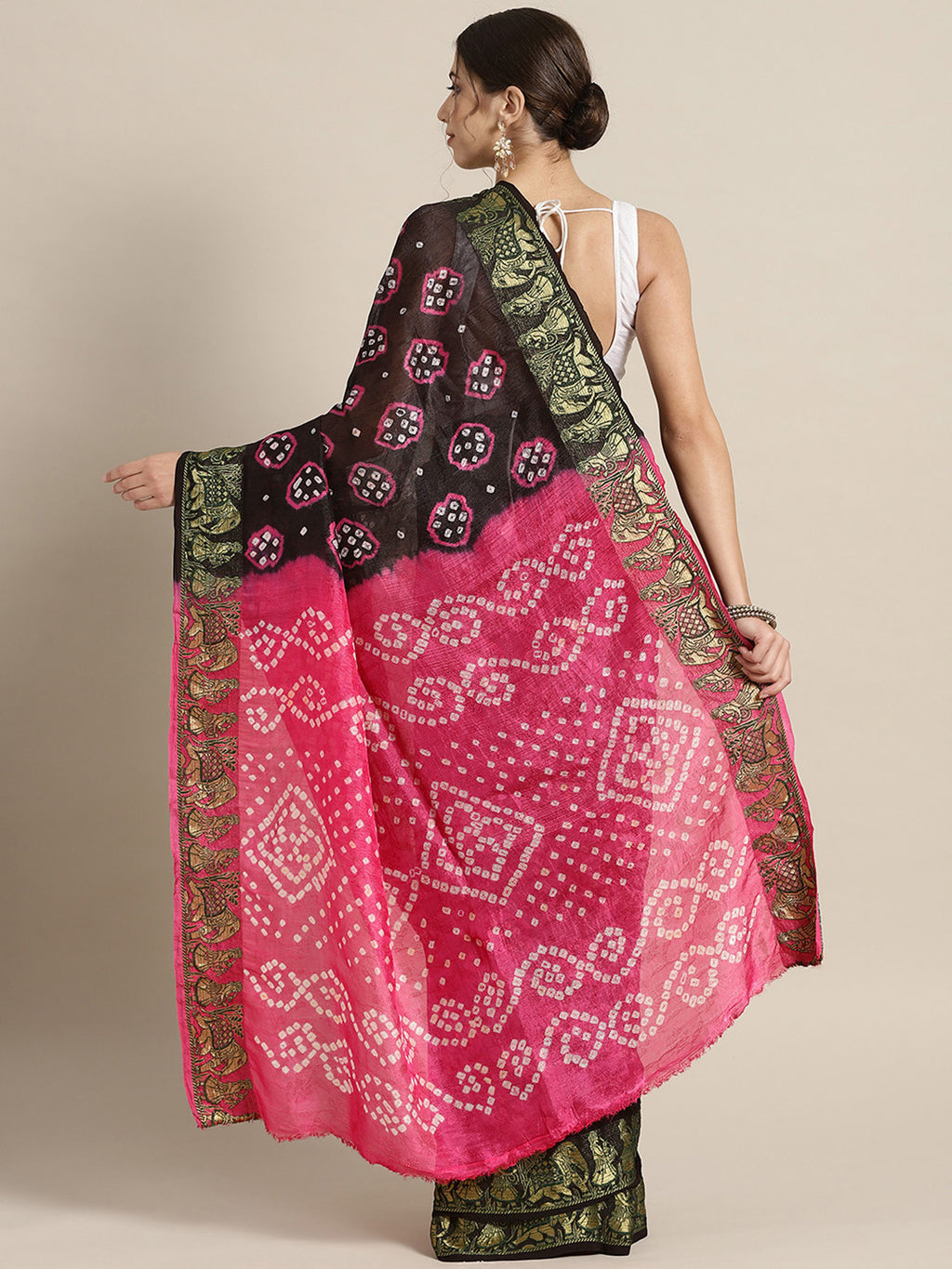 Black & Pink Hand Dyed Bandhani Silk Sustainable Saree