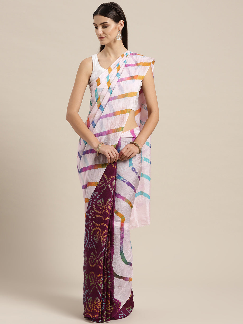 White Bandhani With Leheriya Art Silk Saree