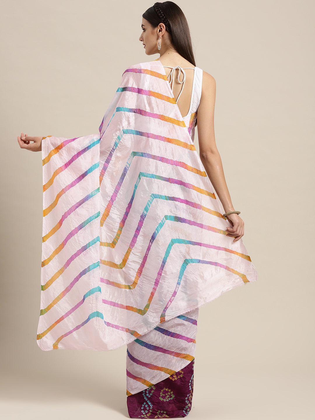 White Bandhani With Leheriya Art Silk Saree