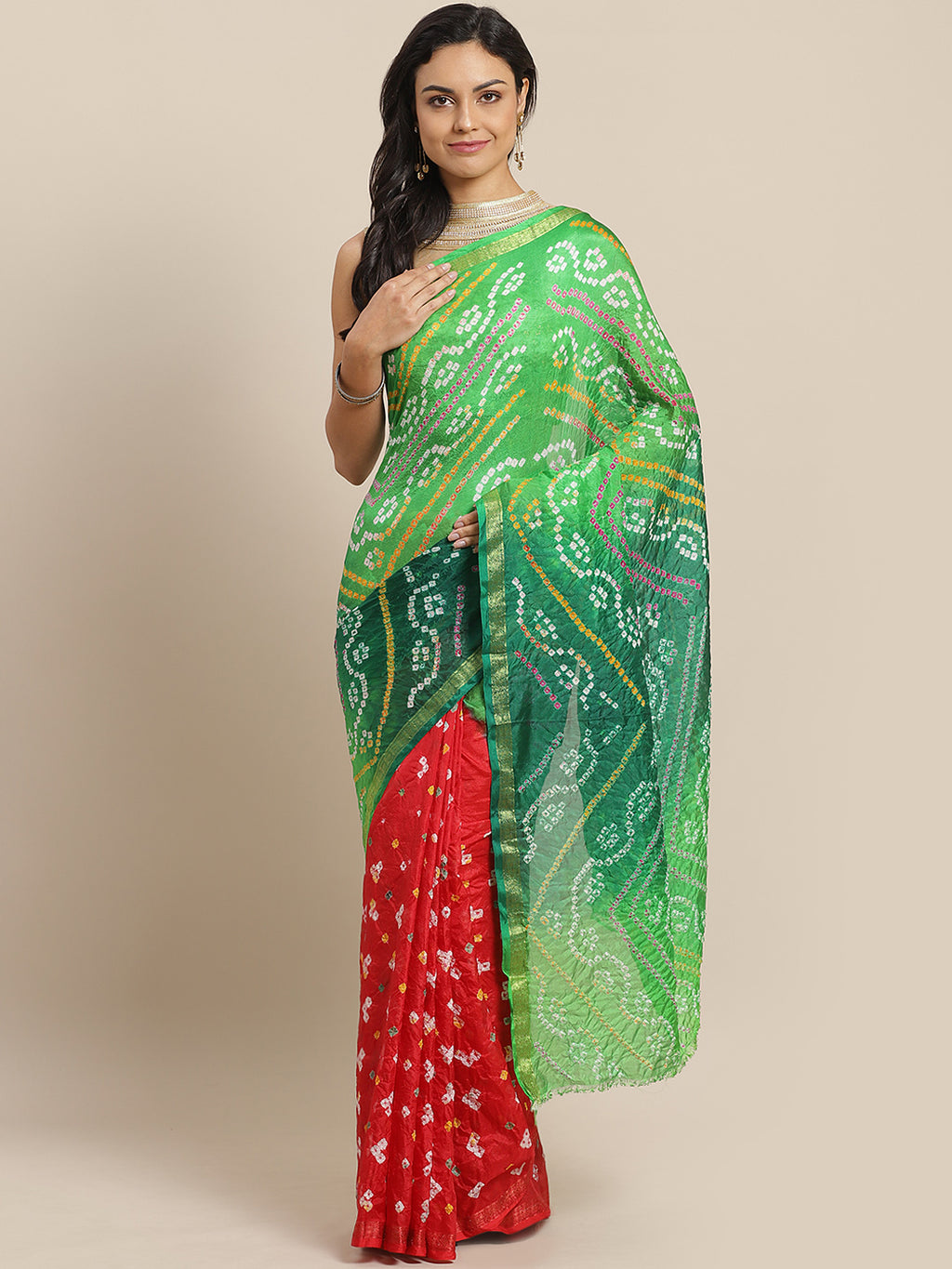 Green Bandhani Printed Art Silk Saree