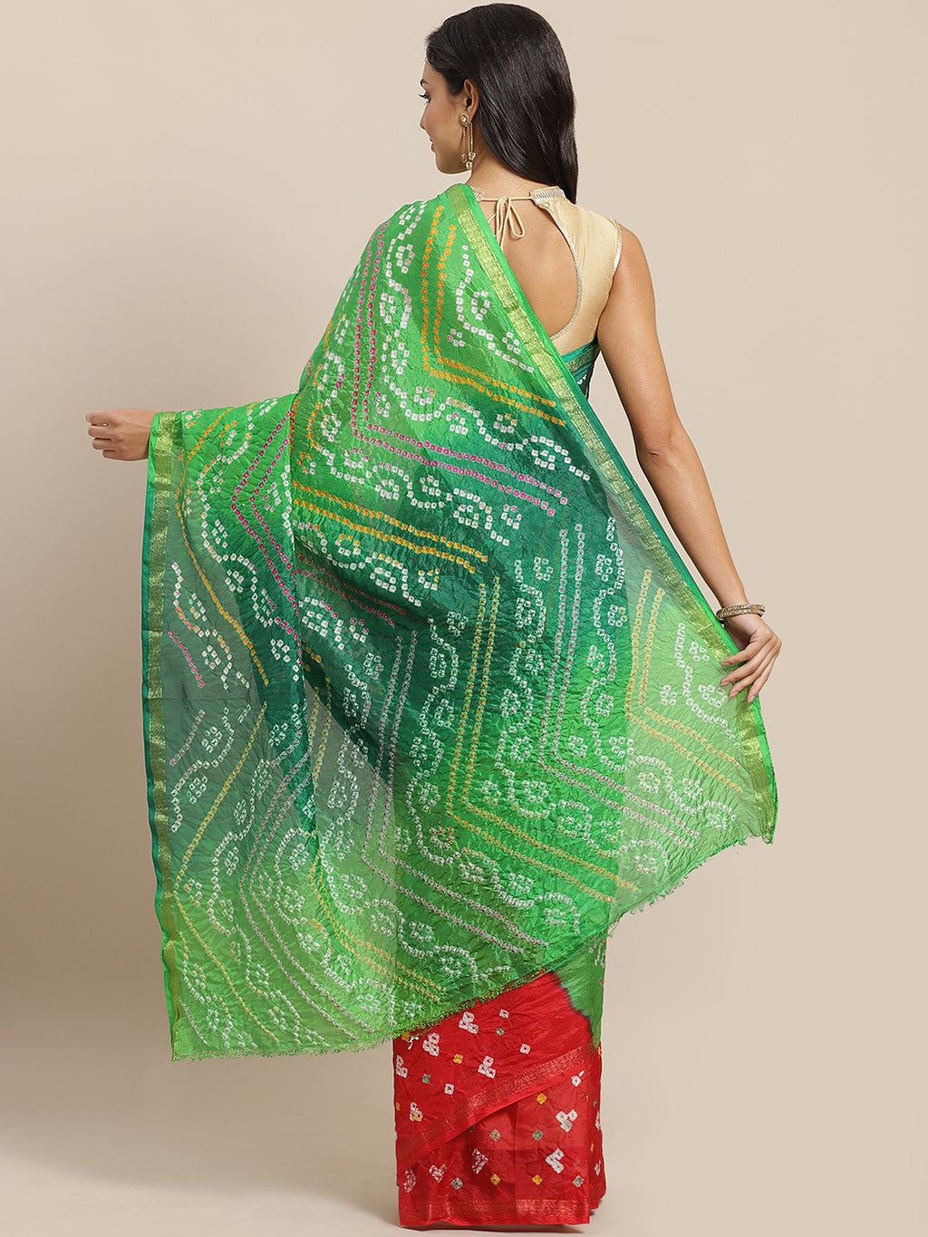 Green Bandhani Printed Art Silk Saree