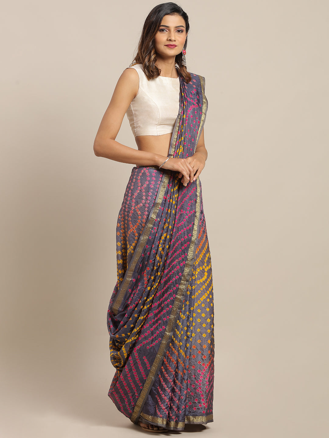 Grey Printed Bandhani Zari Work Art Silk Saree