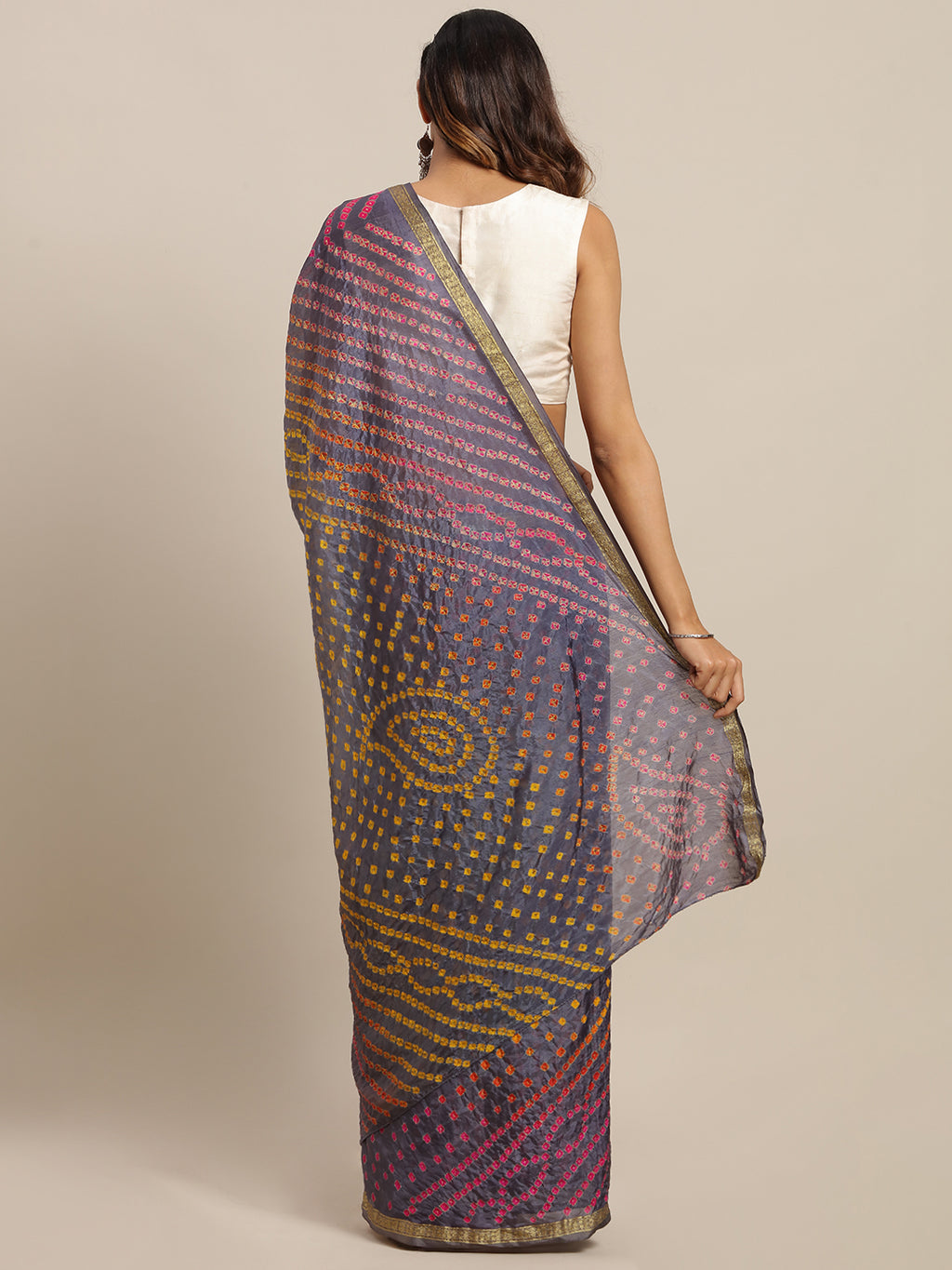 Grey Printed Bandhani Zari Work Art Silk Saree