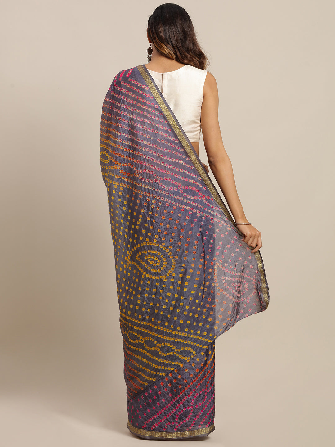 Grey Printed Bandhani Zari Work Art Silk Saree