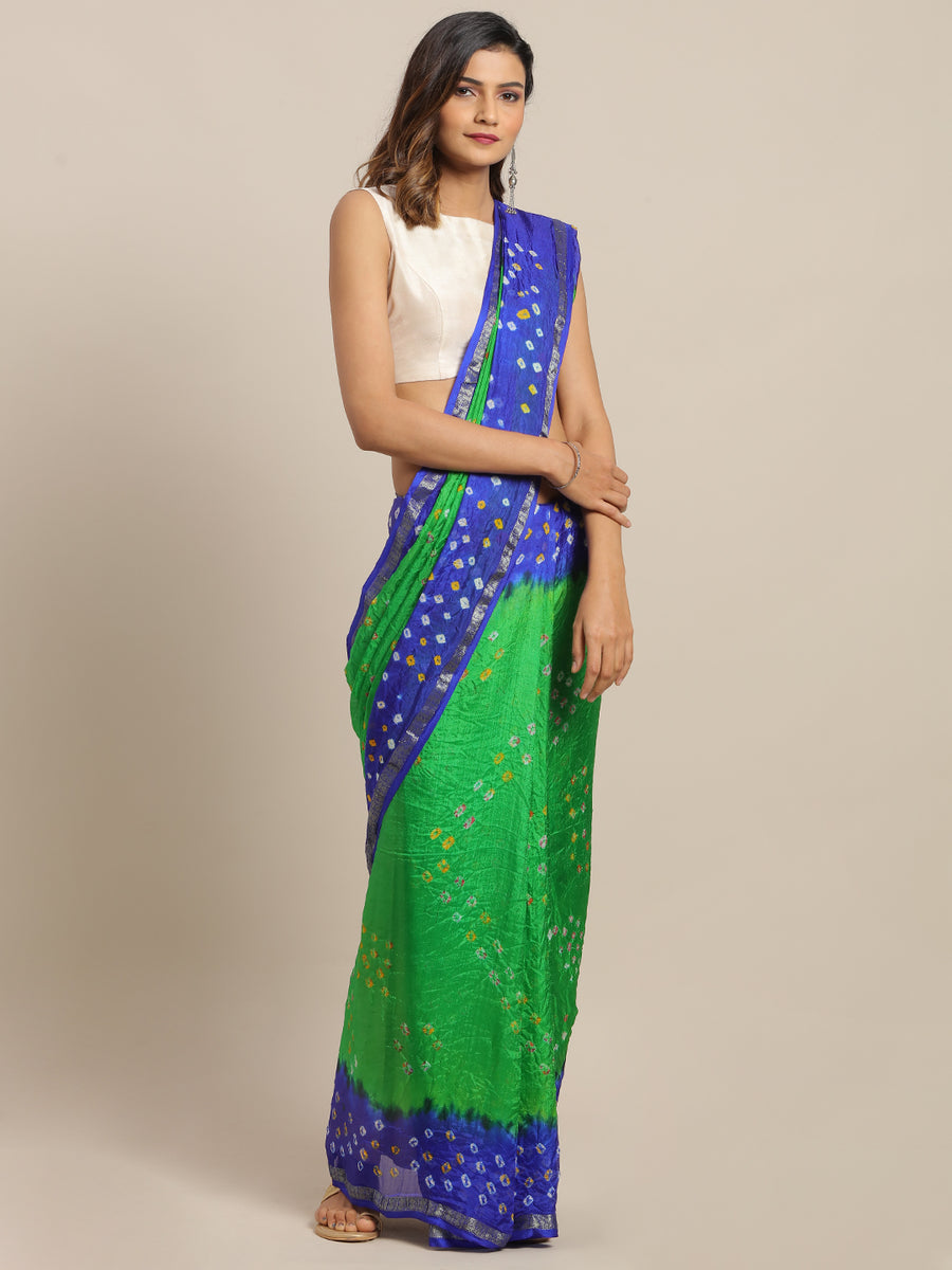 Green & Blue Printed Bandhani Zari Work Art Silk Saree