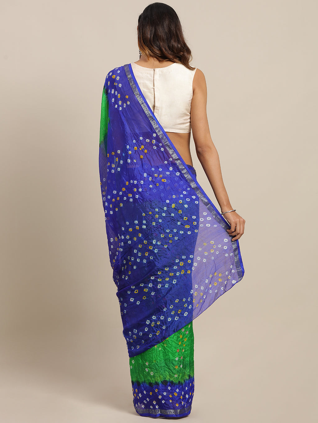 Green & Blue Printed Bandhani Zari Work Art Silk Saree