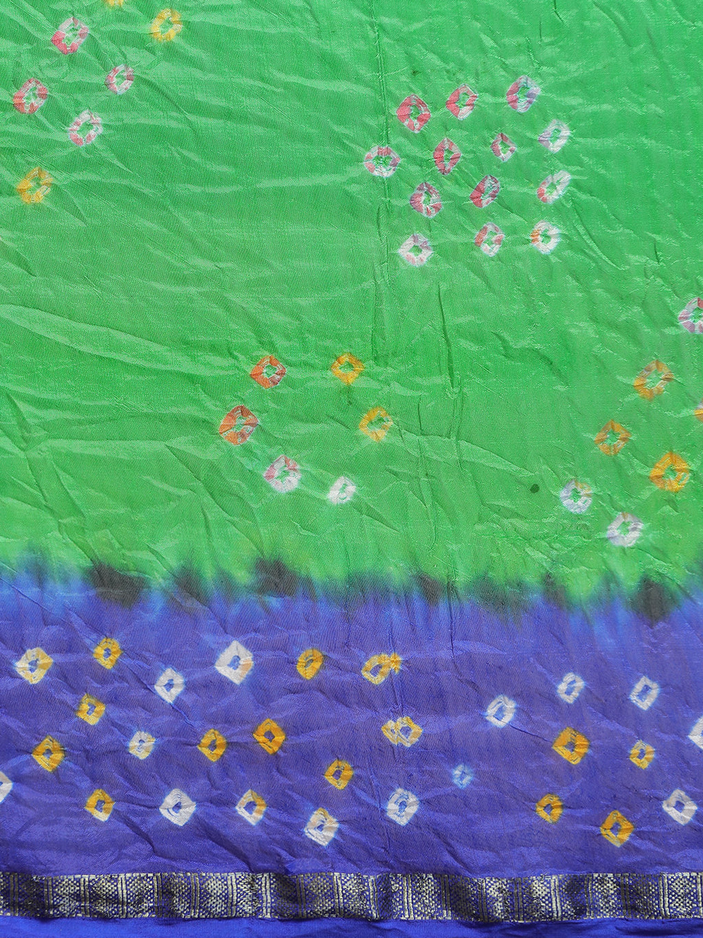 Green & Blue Printed Bandhani Zari Work Art Silk Saree