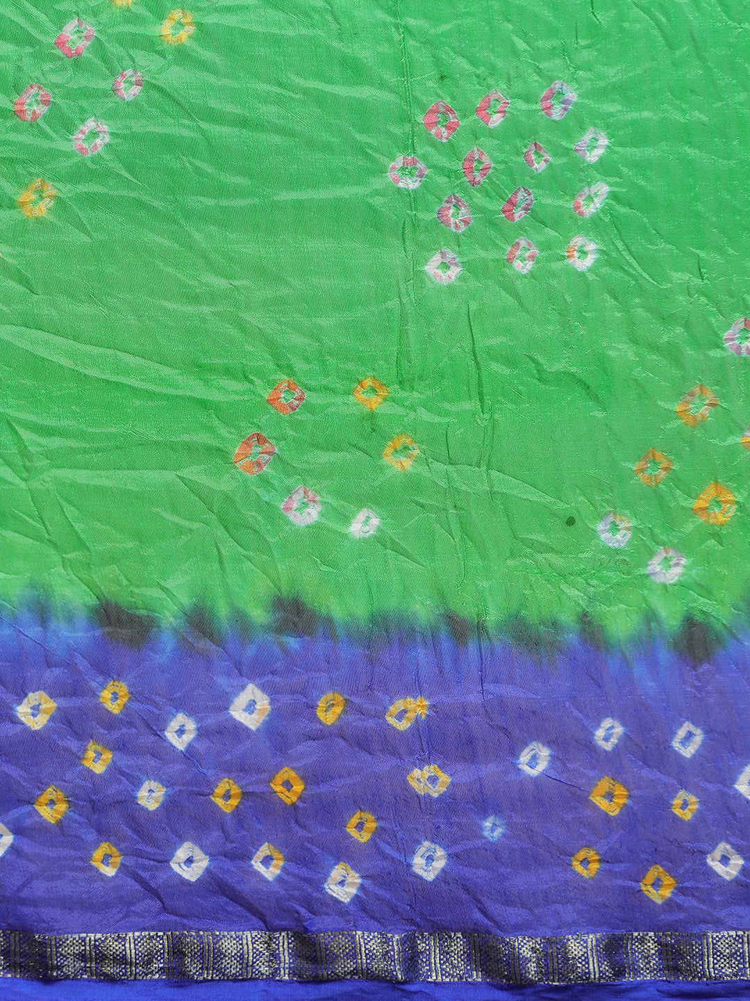 Green & Blue Printed Bandhani Zari Work Art Silk Saree