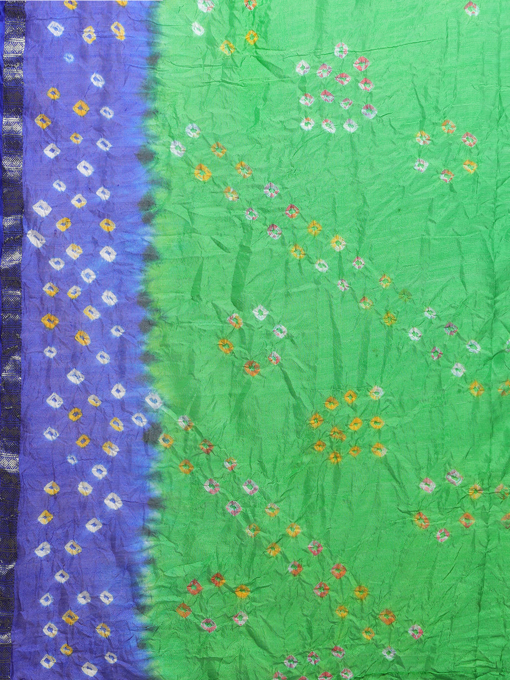 Green & Blue Printed Bandhani Zari Work Art Silk Saree