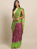 Purple & Green Printed Bandhani Zari Work Art Silk Saree
