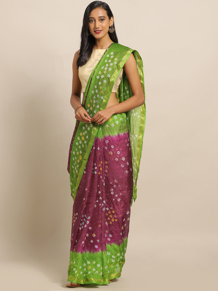 Purple & Green Printed Bandhani Zari Work Art Silk Saree