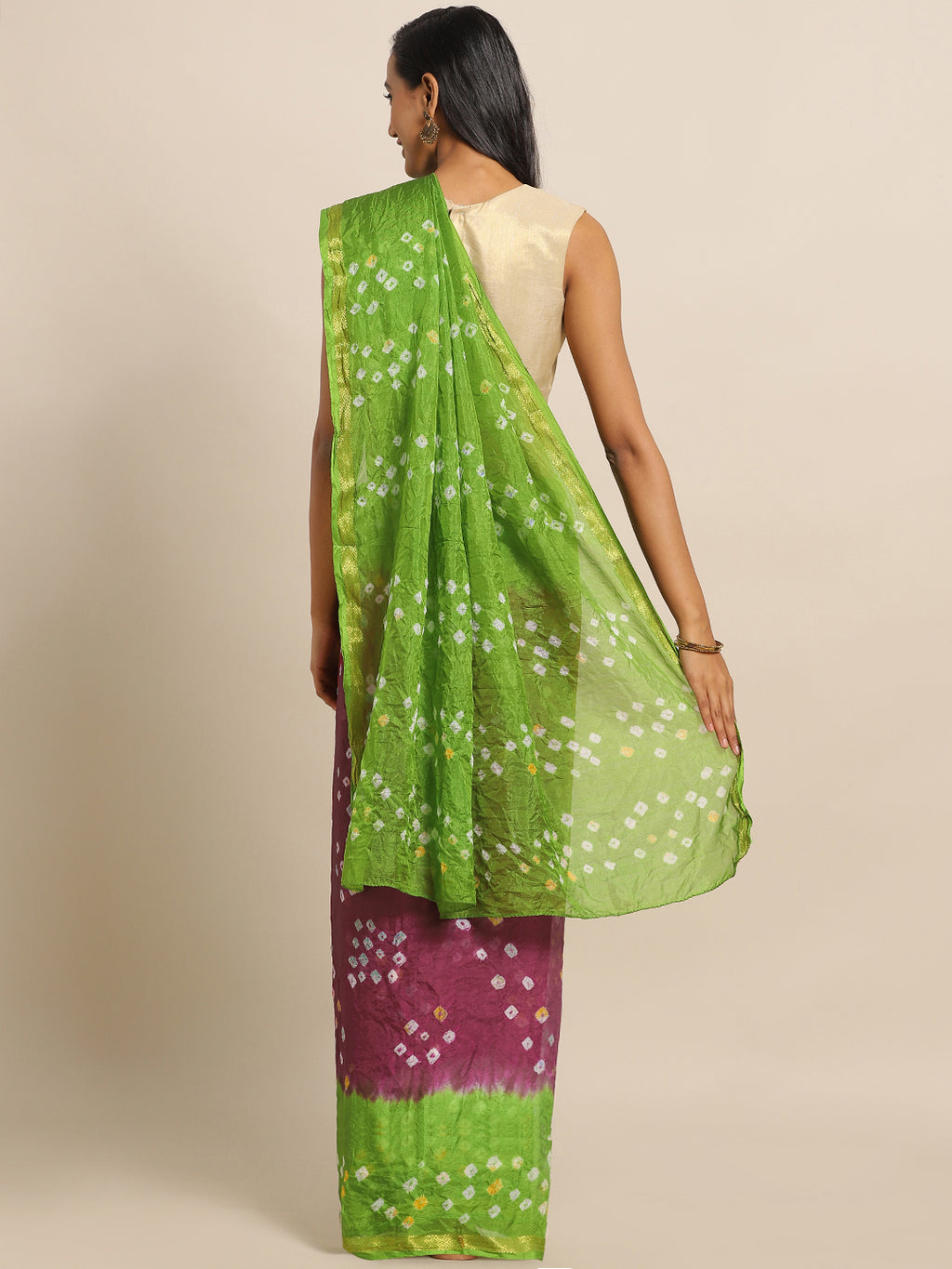Purple & Green Printed Bandhani Zari Work Art Silk Saree