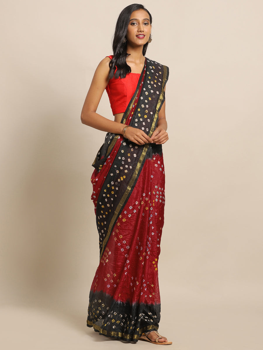 Red & Black Bandhani Art Silk Saree