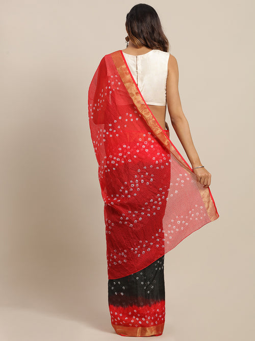 Black & Red Bandhani Kota Doria Silk Saree