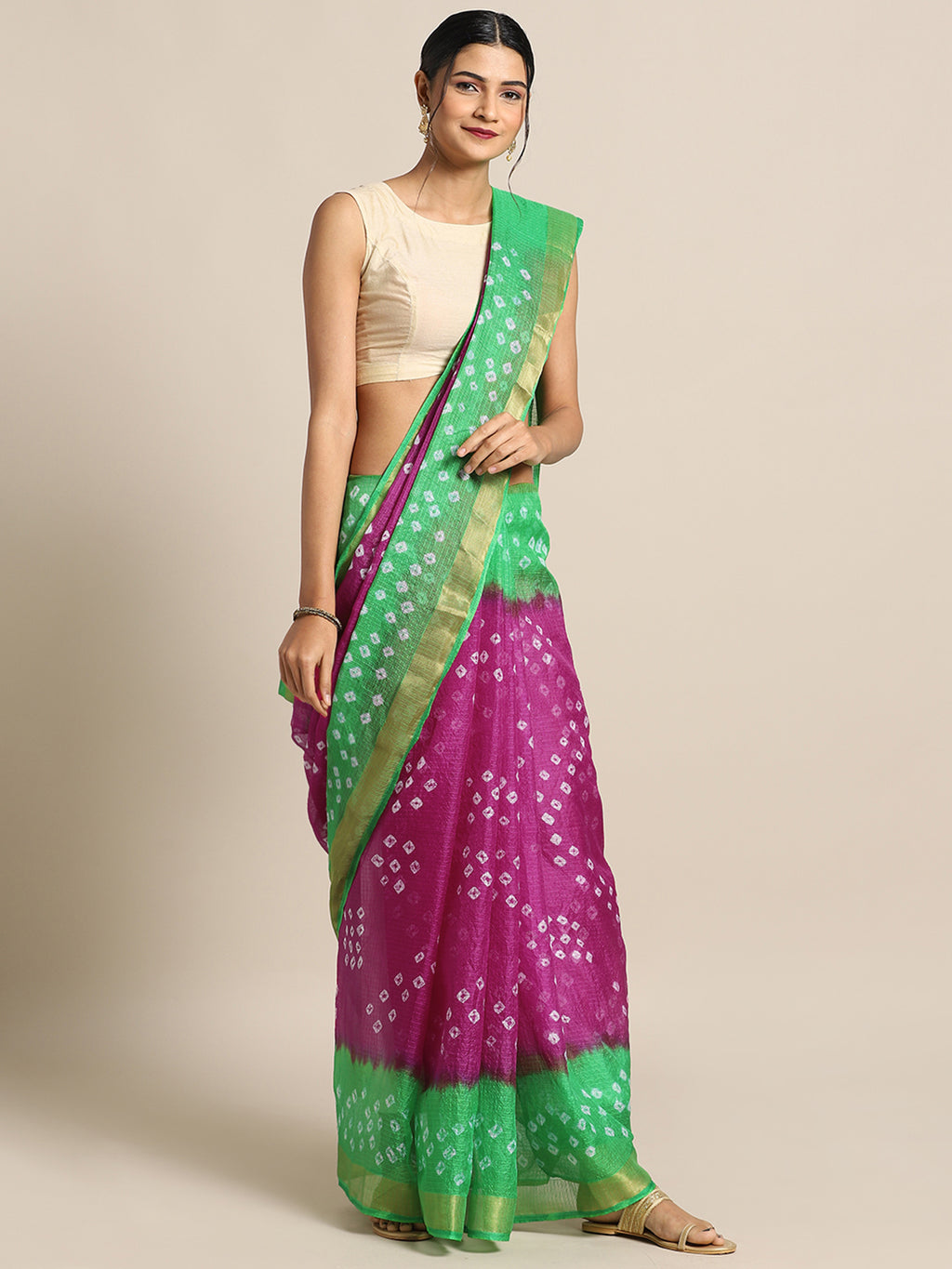 Pink & Green Printed Kota Doria Silk Saree