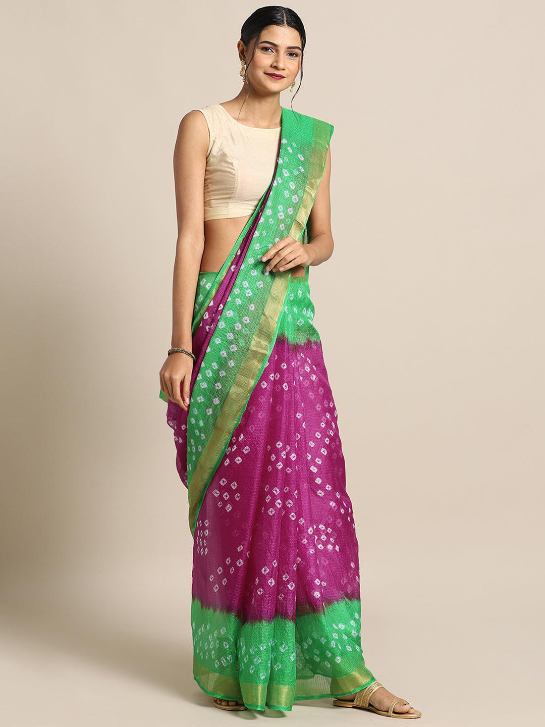 Pink & Green Printed Kota Doria Silk Saree
