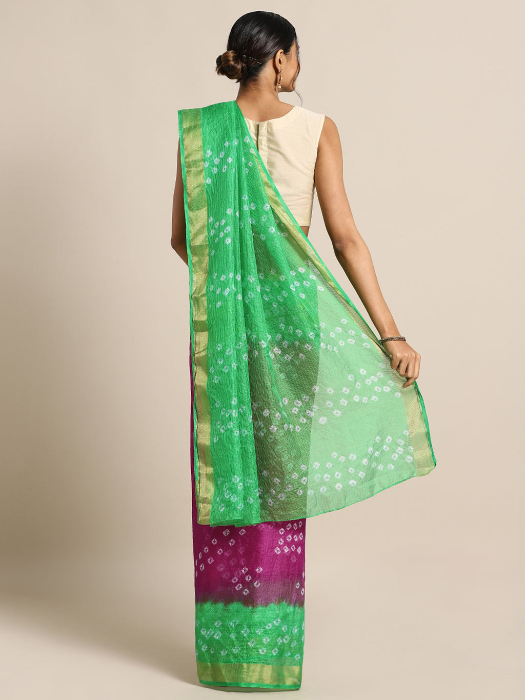 Pink & Green Printed Kota Doria Silk Saree