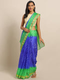 Blue & Green Printed Bandhani Zari Work Kota Doria Silk Saree