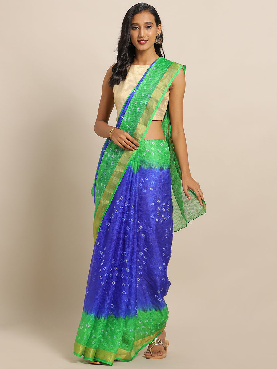 Blue & Green Printed Bandhani Zari Work Kota Doria Silk Saree