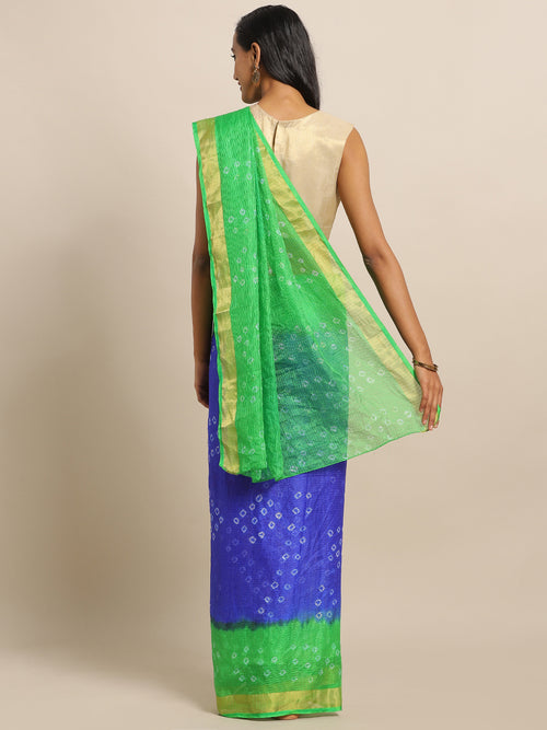 Blue & Green Printed Bandhani Zari Work Kota Doria Silk Saree