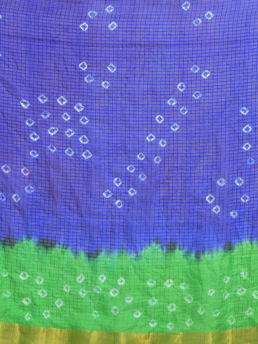 Blue & Green Printed Bandhani Zari Work Kota Doria Silk Saree