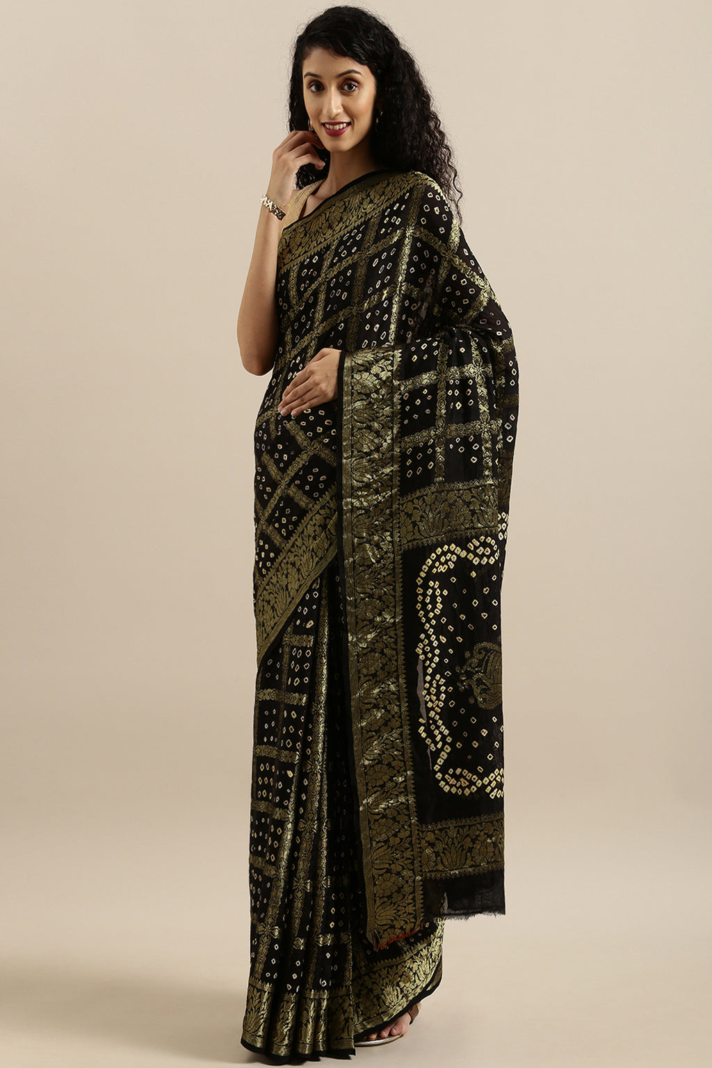 Black Handcrafted Gharchola & Bandhani Pure Georgette Saree