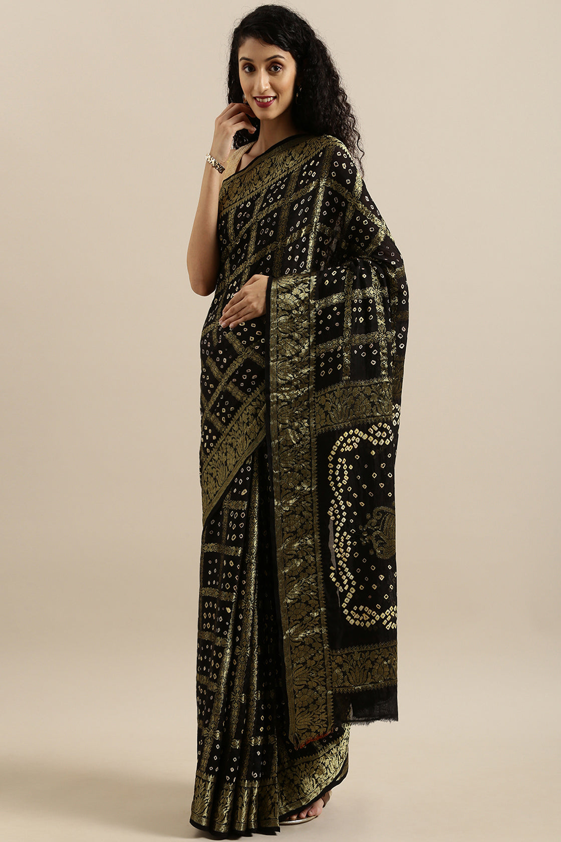 Black Handcrafted Gharchola & Bandhani Pure Georgette Saree