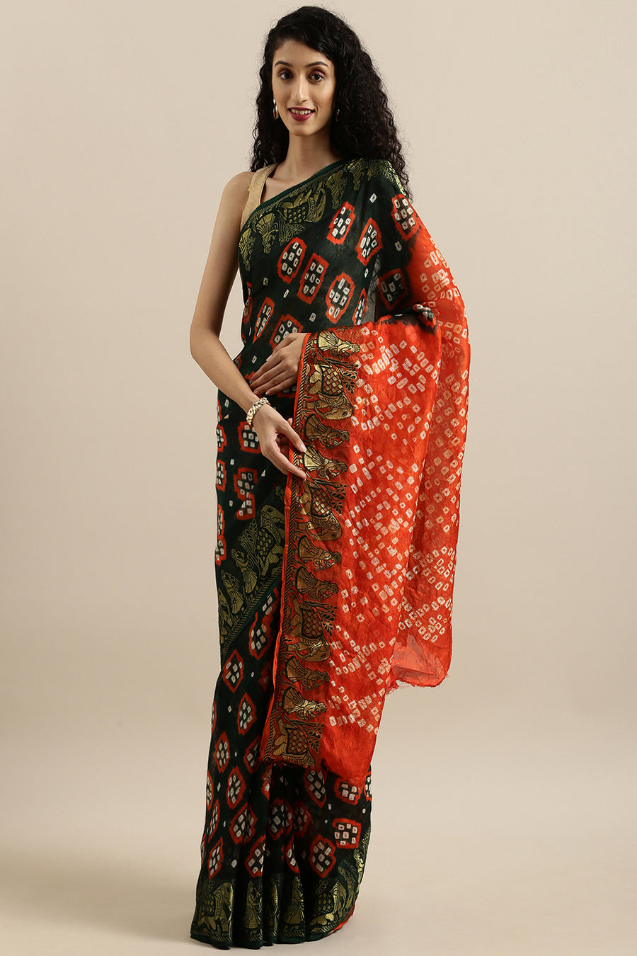 Black & Orange Bandhani Art Silk Saree With Zari Border